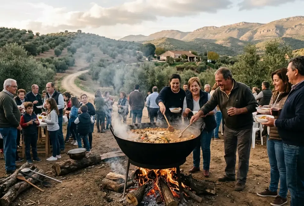 perol cordobes tradition outdoor communal feast in Cordoba countryside, large hemispherical iron cooking pot over open fire, families gathered around on October 24 San Rafael Day, smoke rising against an Andalusian hillside