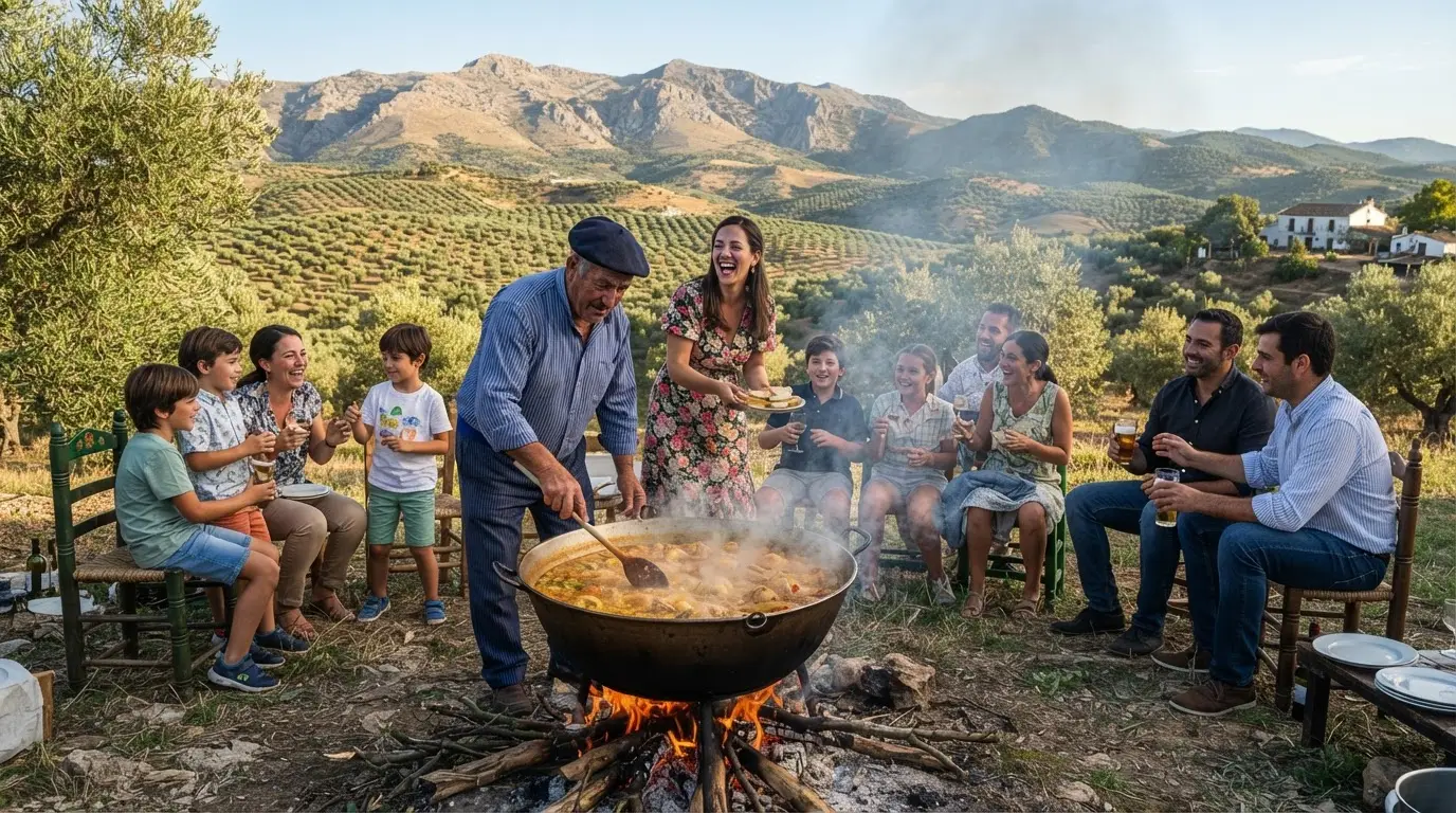 perol cordobes tradition Cordoba countryside scene, large hemispherical iron pot over wood fire, families gathered around on San Rafael Day October 24, smoke rising against olive groves and sierra hills in Andalusia
