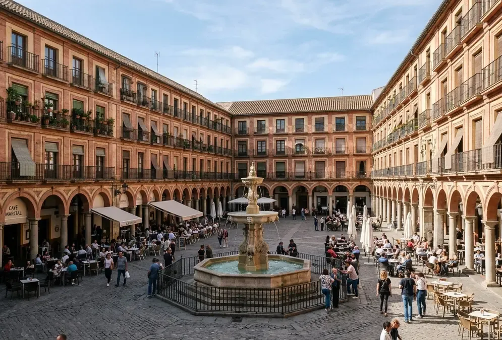 Plaza de la Corredera Córdoba, rectangular Baroque square with continuous arcaded facades and central octagonal fountain on a bright afternoon, ochre stonework, plaza de la corredera history