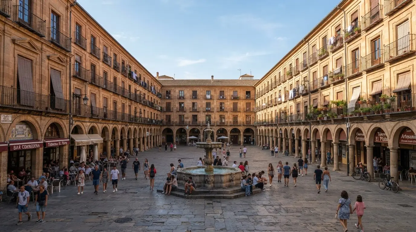 Plaza de la Corredera Córdoba, rectangular Baroque square with continuous arcaded facades and central octagonal fountain on a bright afternoon, ochre stonework, plaza de la corredera history