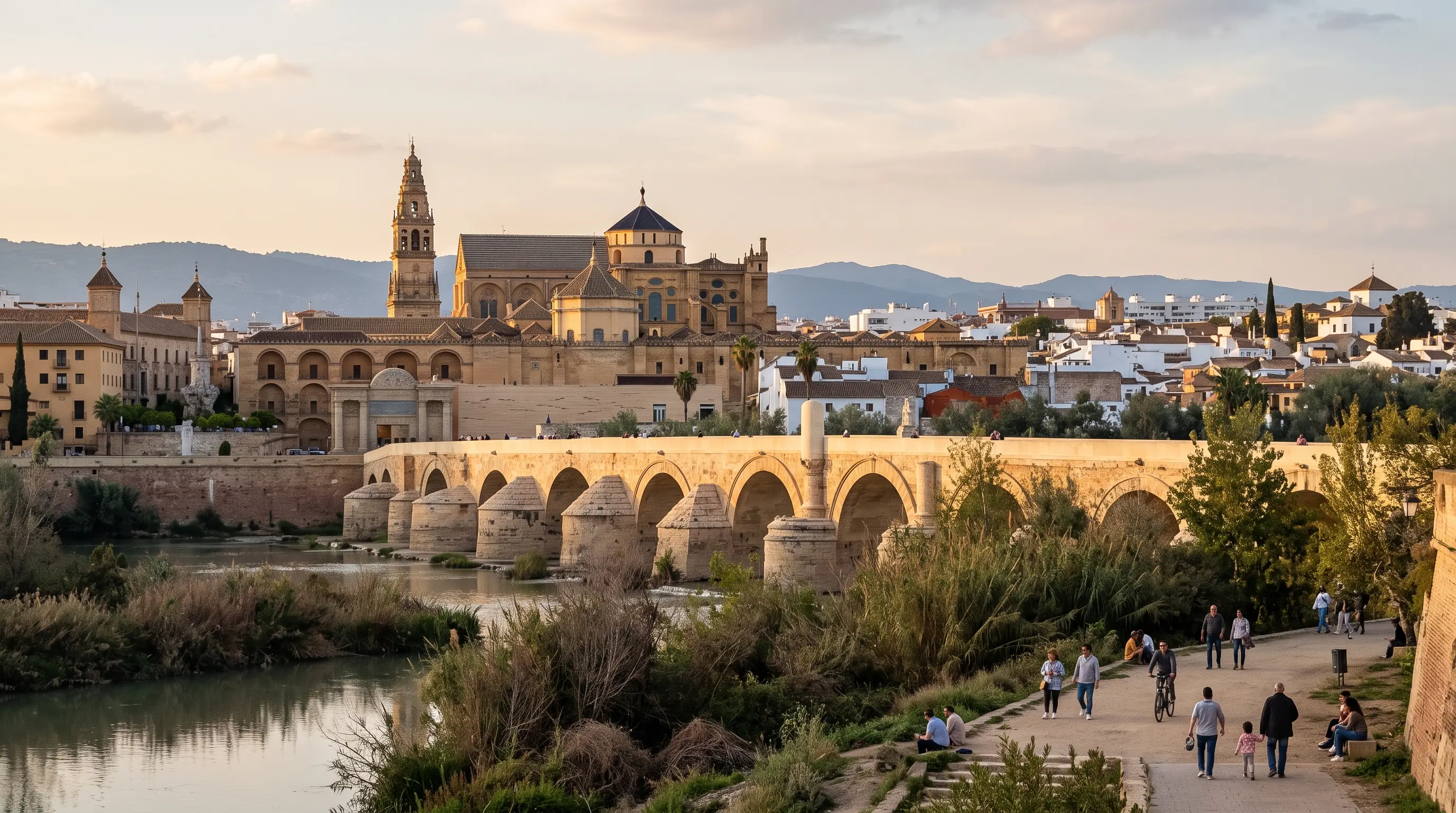 Aerial view of the Guadalquivir, Roman Bridge and Mezquita-Catedral that frame the population of Córdoba Spain, at golden hour with the city spreading toward the Sierra Morena