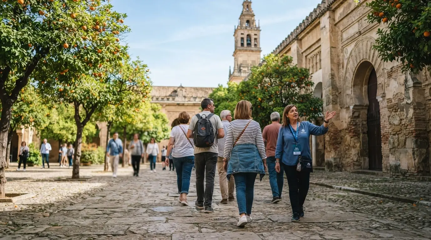 Small group with an accredited guide in the Patio de los Naranjos beside the Mezquita-Catedral of Córdoba, morning light