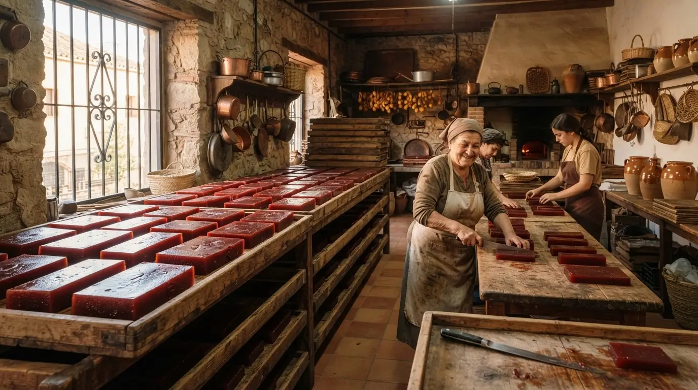 Puente Genil quince membrillo: photorealistic golden-hour scene of an old Andalusian confectionery workshop, copper pots simmering with deep-amber quince paste, wooden crates of pale yellow quinces stacked nearby, warm afternoon light through a high window