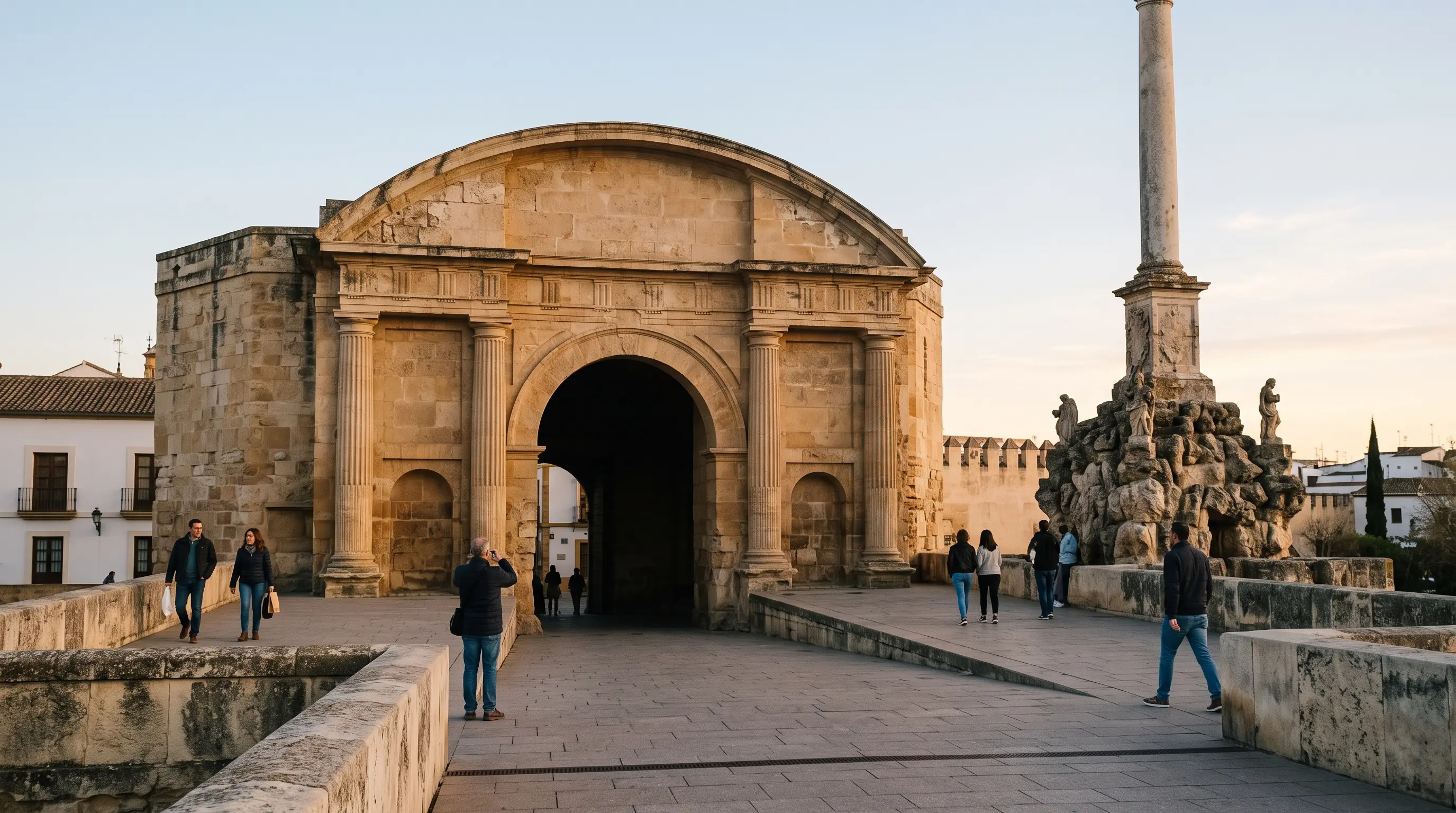 Puerta del Puente Córdoba at dusk: the Renaissance triumphal-arch gate with fluted columns and a curved pediment beside the Roman Bridge and the San Rafael column