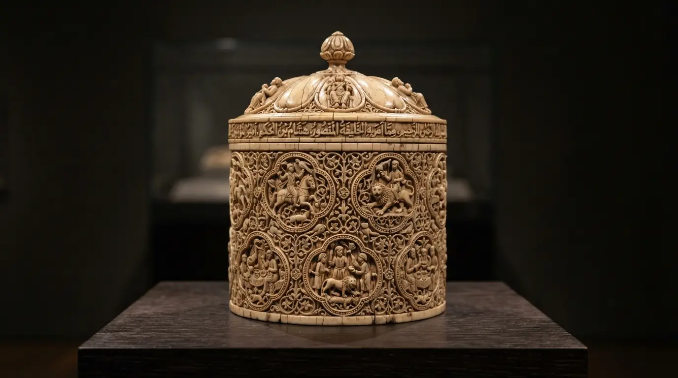 Pyxis of al-Mughira, an ivory box carved in the Madinat al-Zahra workshop near Córdoba in 968 CE, translucent carved medallions glowing under warm light against a dark background