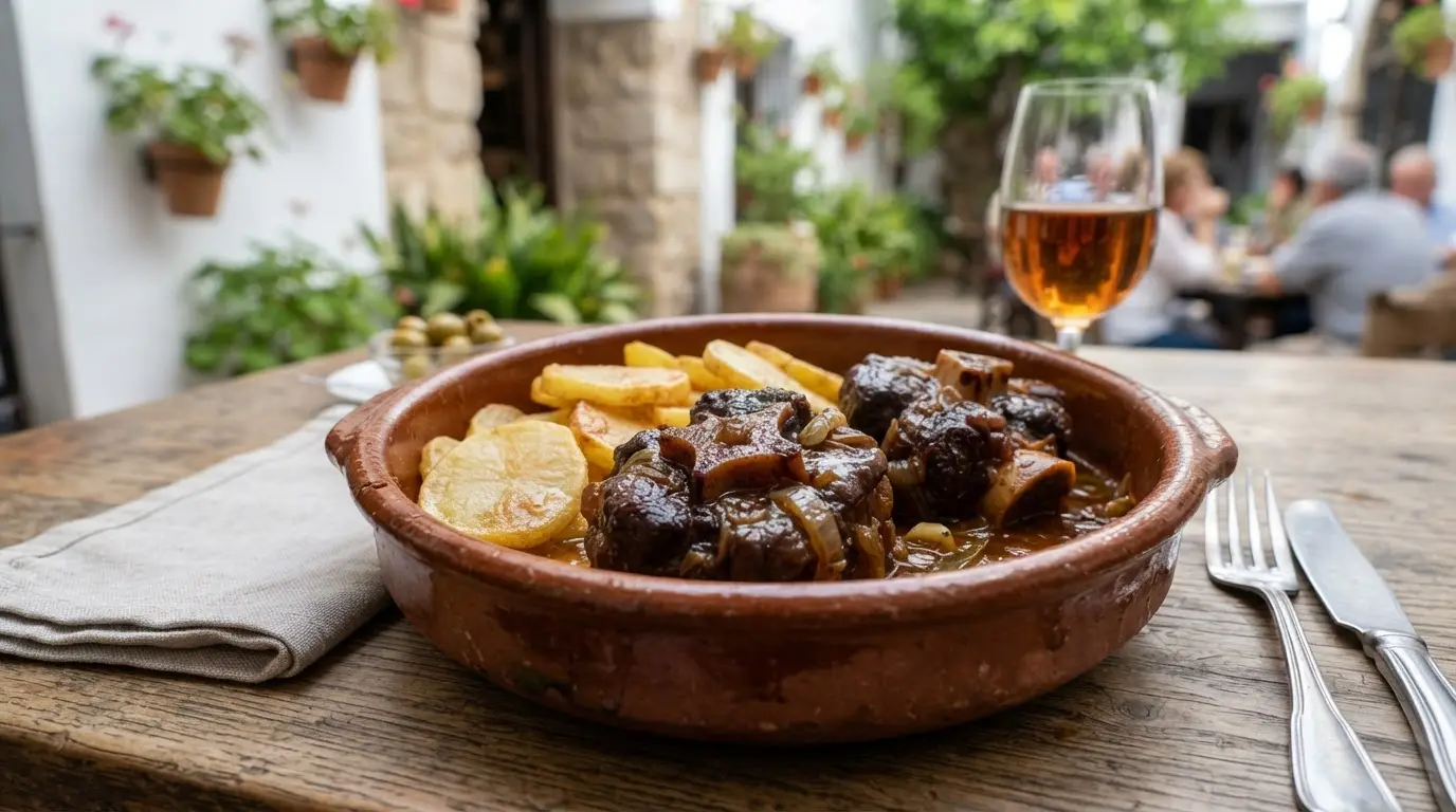 Cordoban rabo de toro served in a rustic earthenware bowl — chunks of slow-braised oxtail glistening in a glossy dark reduction made with Montilla-Moriles wine, a few potato slices alongside