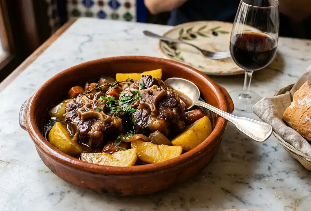 Cordoban rabo de toro served in a rustic earthenware bowl — chunks of slow-braised oxtail glistening in a glossy dark reduction made with Montilla-Moriles wine, a few potato slices alongside