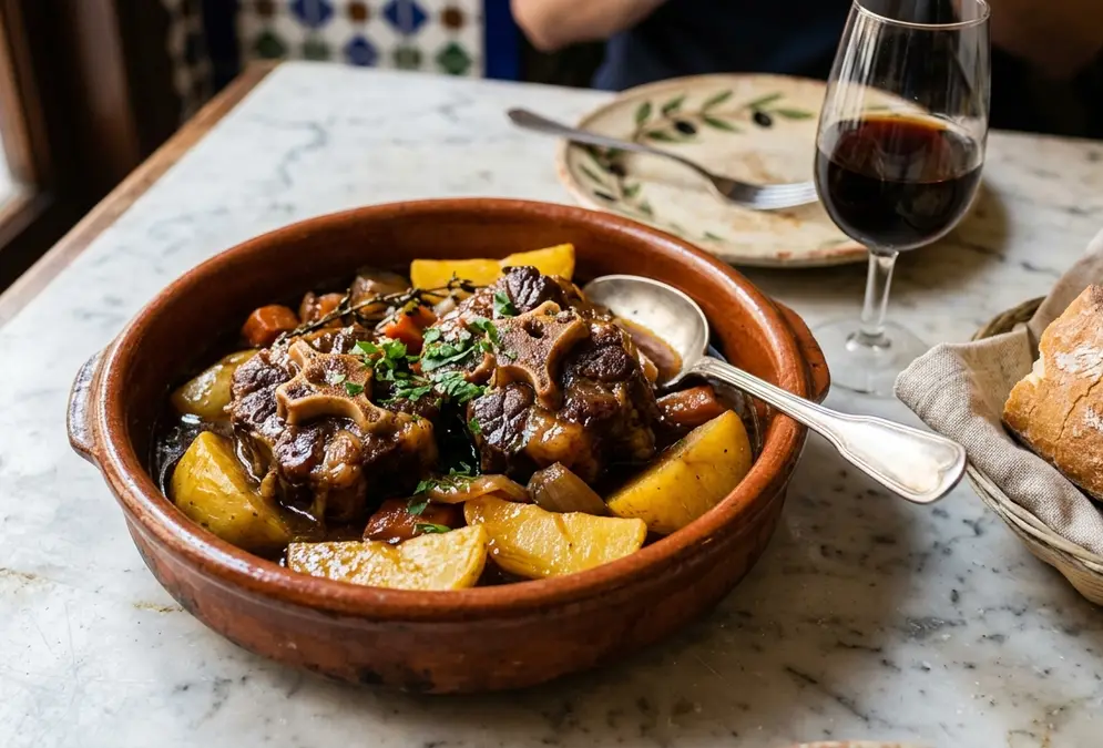 Cordoban rabo de toro served in a rustic earthenware bowl — chunks of slow-braised oxtail glistening in a glossy dark reduction made with Montilla-Moriles wine, a few potato slices alongside