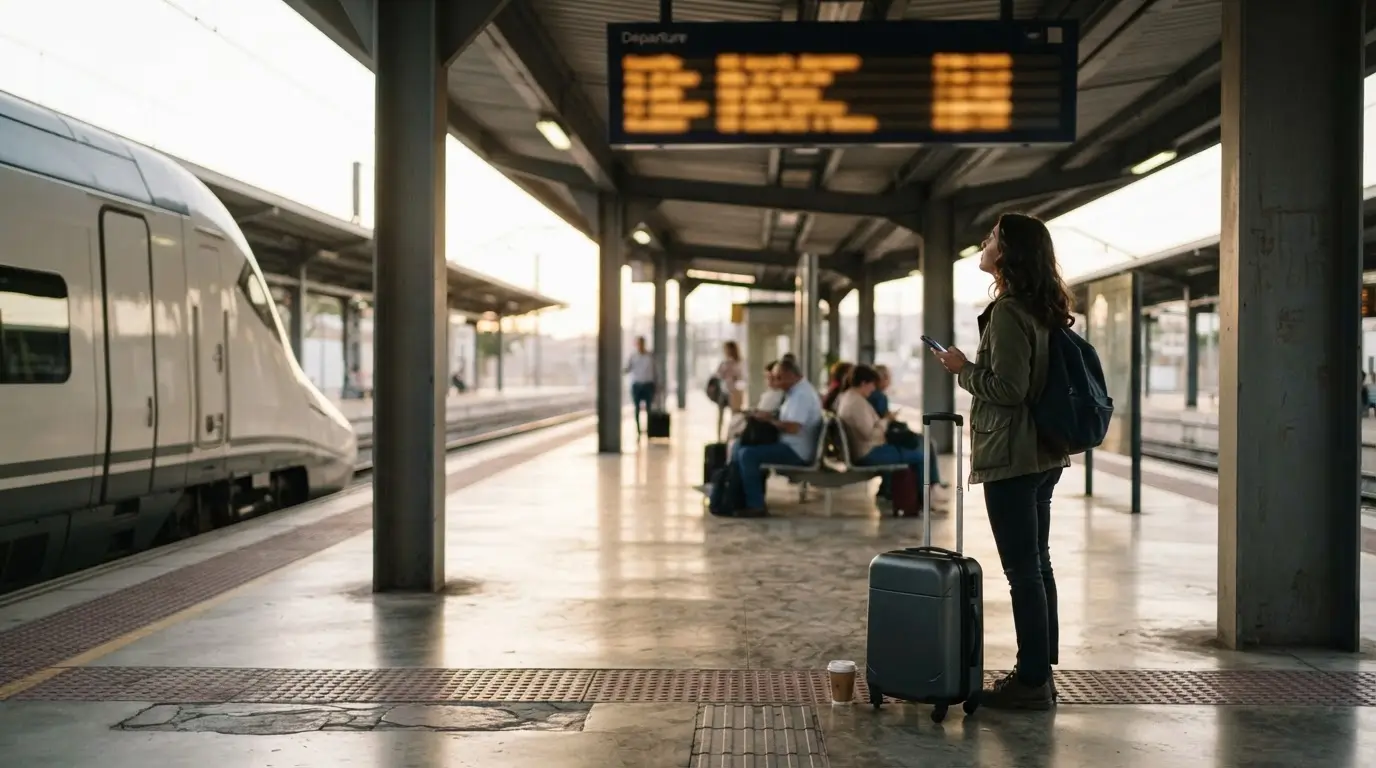 Renfe train delay Córdoba: AVE high-speed train waiting at a Córdoba Central platform under a departure board showing a late service, evening light