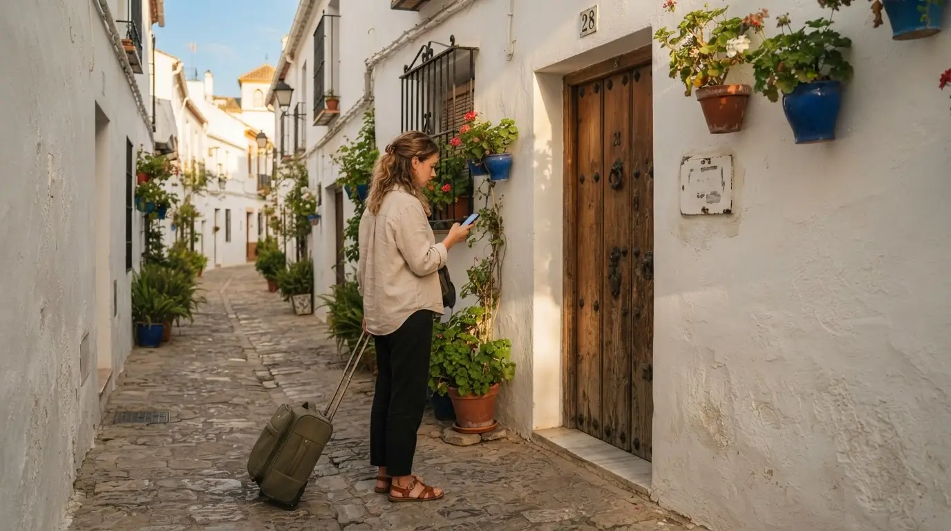 Traveller checking a rental listing on a phone beside a whitewashed old-town doorway in Córdoba at dusk, illustrating renting an apartment in Cordoba Spain