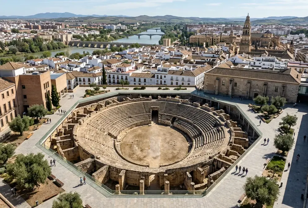 Aerial view of excavated Roman amphitheatre ruins in Córdoba showing the elliptical arena structure beneath a university courtyard, with the city's rooftops and the Guadalquivir river visible beyond, roman amphitheatre cordoba