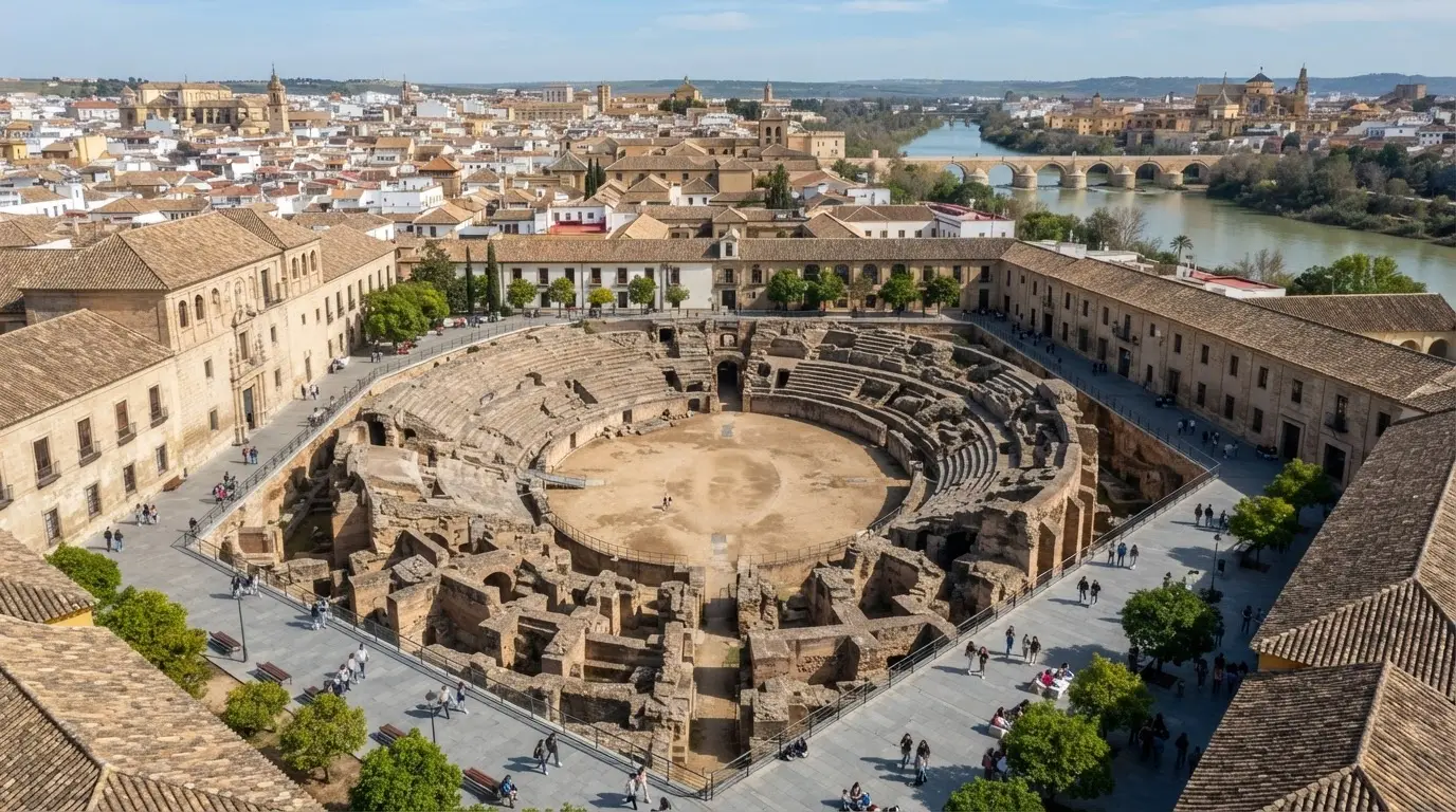 Aerial view of excavated Roman amphitheatre ruins in Córdoba showing the elliptical arena structure beneath a university courtyard, Córdoba's rooftops and the Guadalquivir river visible in the background, roman amphitheatre cordoba