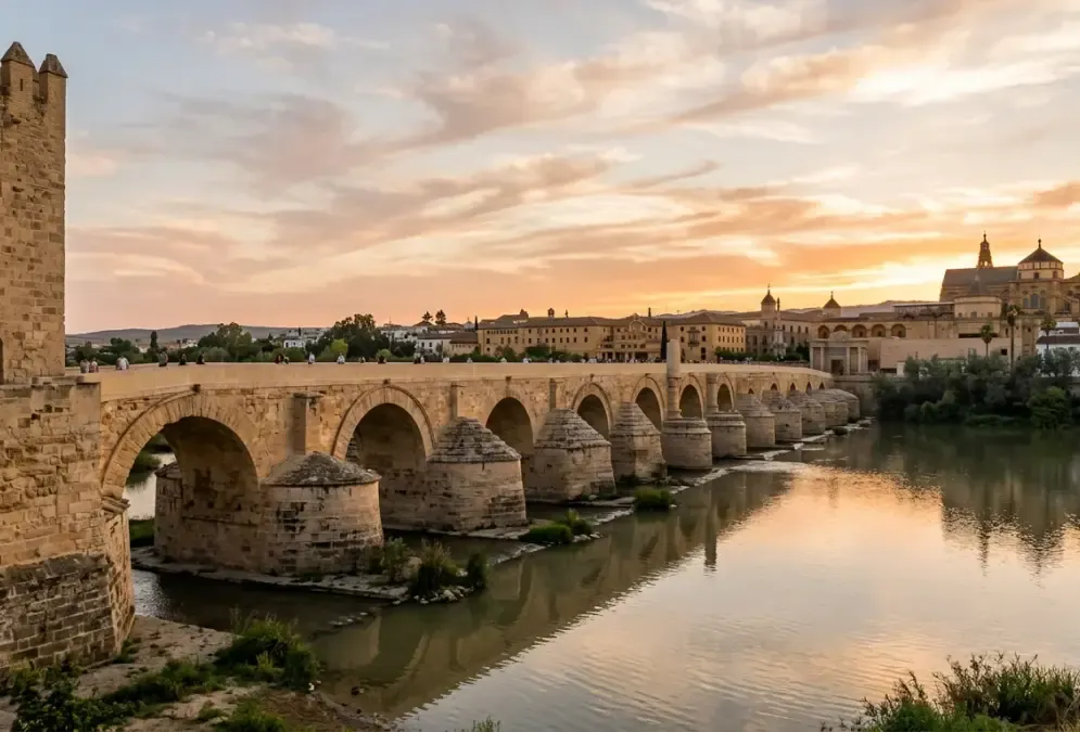 The Roman Bridge of Córdoba at dusk, Guadalquivir river below, Mezquita-Catedral tower rising behind the bridge arches, warm stone pavement in the foreground, roman bridge cordoba history