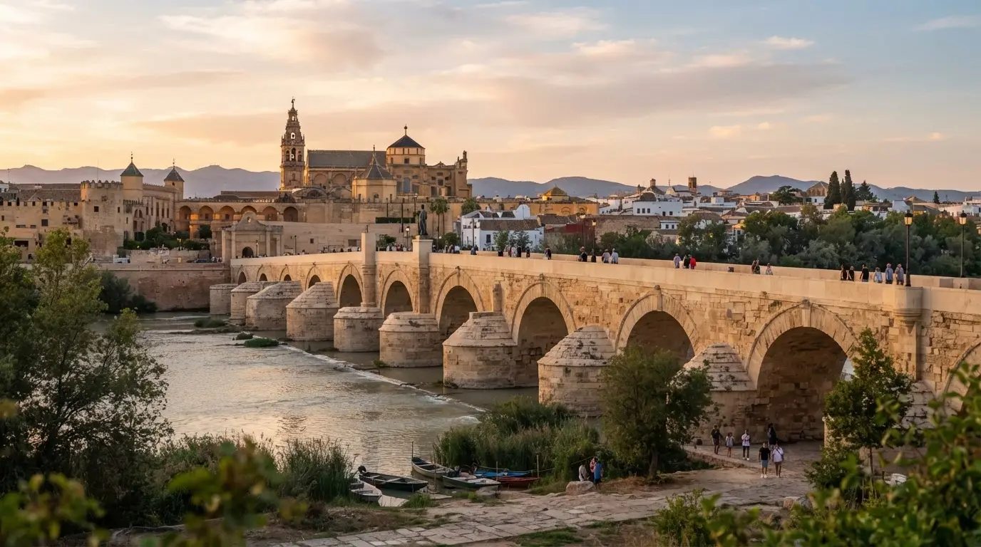 The Puente Romano of Córdoba from the south bank of the Guadalquivir at golden hour, sixteen arches spanning the river, the Mezquita-Catedral tower visible behind, roman bridge cordoba history