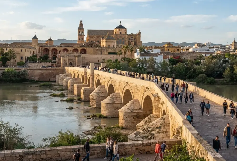 Puente Romano de Córdoba spanning the Guadalquivir with the Mezquita in the background
