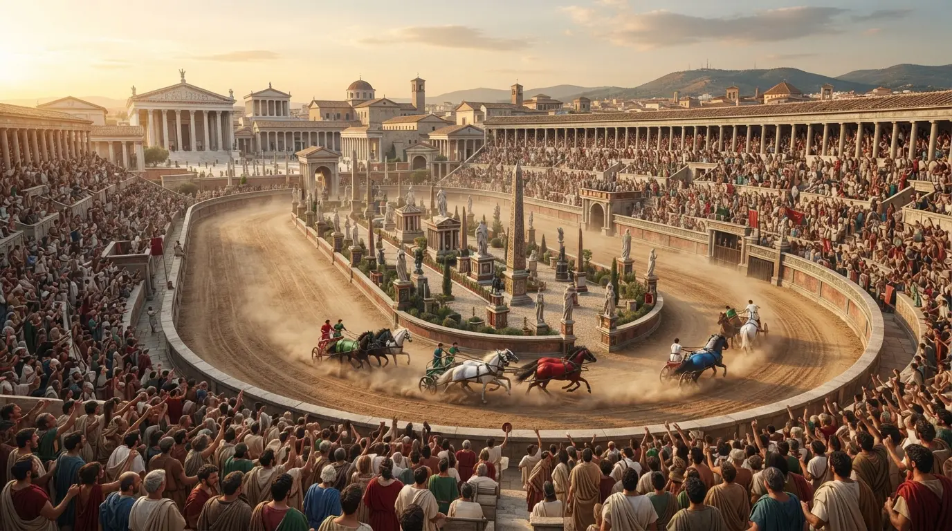 Roman circus of Córdoba, Spain: digital reconstruction showing the 450-metre chariot-racing track with quadriga chariots around the central spina barrier, tiered seating filled with spectators, the Provincial Forum colonnade visible beyond the northern stands in golden late-afternoon light