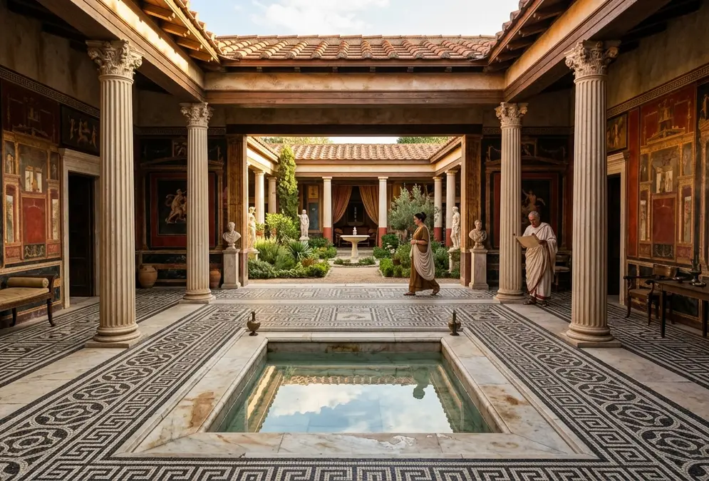 Reconstruction of a Roman domus in Cordoba, Spain, with a central atrium and impluvium pool, colonnaded peristyle garden beyond, and red-and-white mosaic floors, Roman houses Cordoba Spain