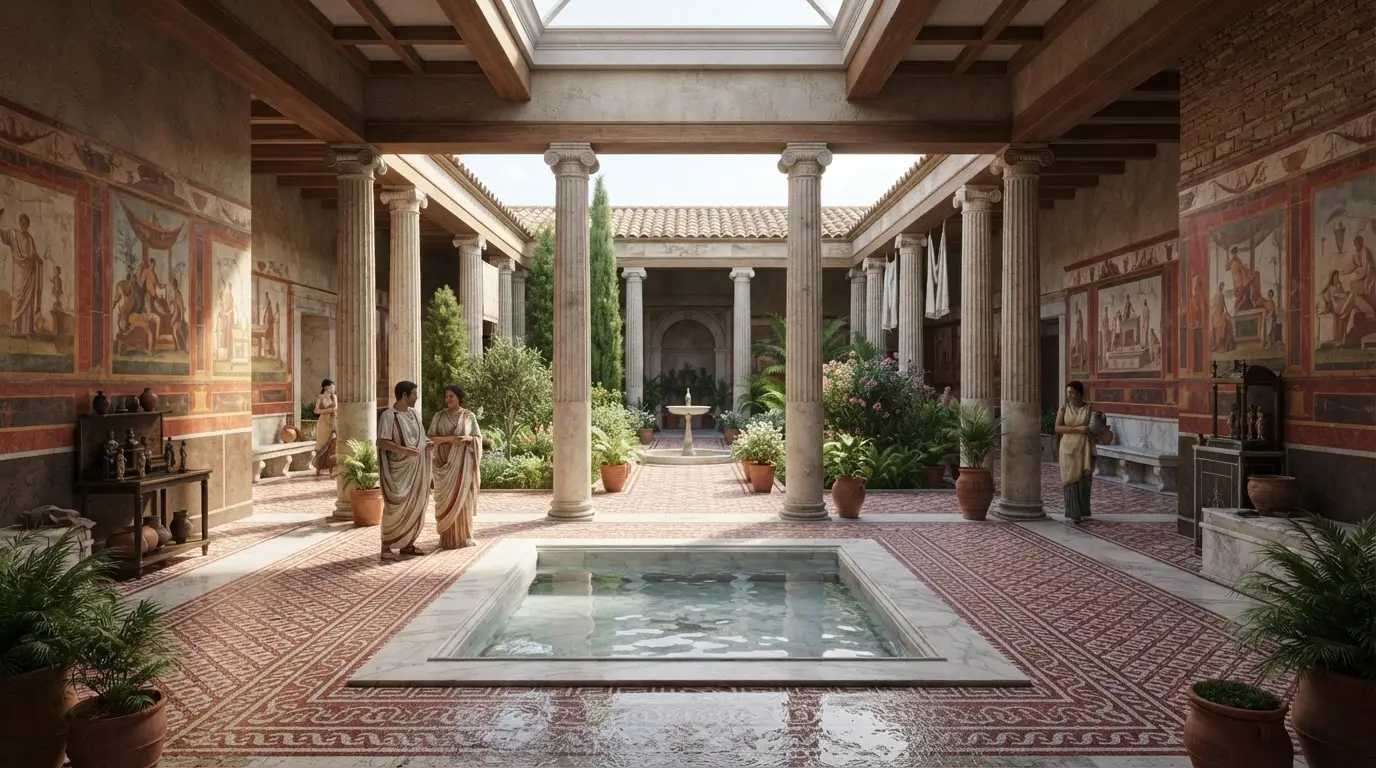 Reconstruction of a Roman domus in Cordoba, Spain, with a central atrium and impluvium pool, colonnaded peristyle garden beyond, and red-and-white mosaic floors, Roman houses Cordoba Spain