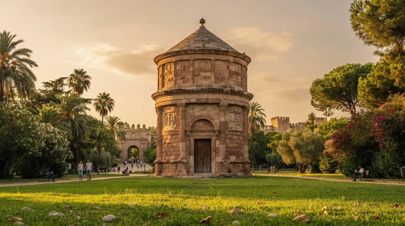 Reconstructed cylindrical Roman mausoleum in Córdoba's Jardines de la Victoria at golden hour, red sandstone drum-shaped tomb rising from green park lawn, roman mausoleums cordoba puerta gallegos
