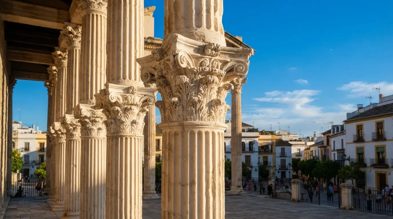 Corinthian column capitals of the reconstructed Roman temple in Córdoba catching afternoon light against a clear blue sky, roman temple cordoba discovery