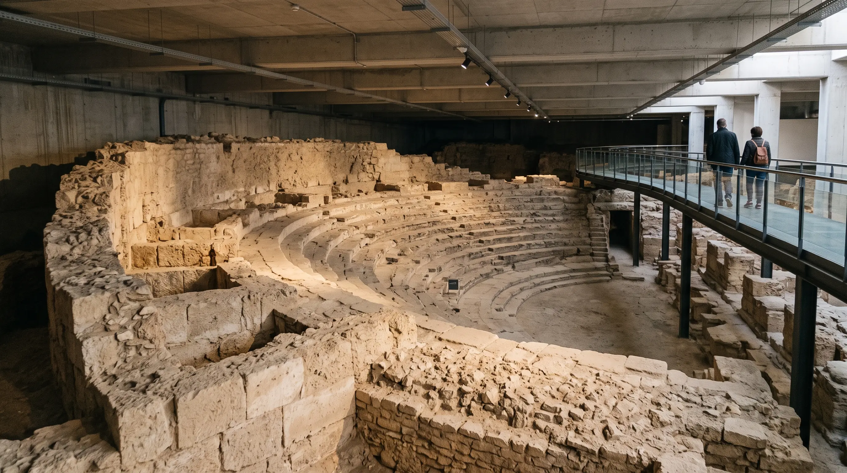 Roman theatre Córdoba Archaeological Museum basement: curved excavated stone substructure of the cavea with radial passages and stepped terraces, lit beneath a modern concrete ceiling