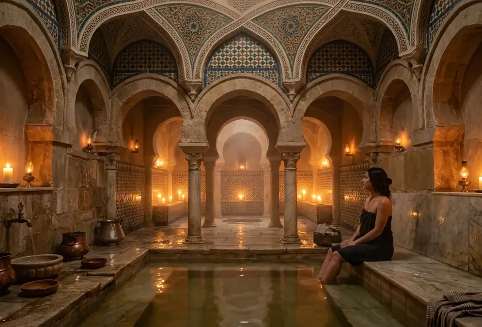 Candlelit interior of Hammam Al Ándalus in Córdoba, with arched Moorish tile vaults and warm amber light