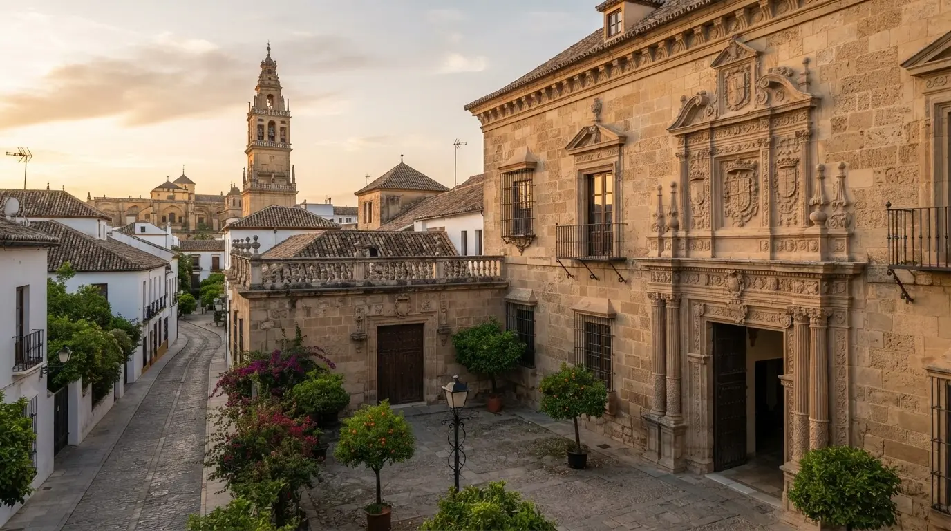Hernan Ruiz Cordoba architect composition at golden hour with Palacio de Orive's carved Renaissance arch in the foreground and the Mezquita bell tower beyond