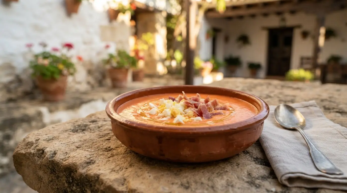 Salmorejo origin history illustrated: a clay bowl of thick orange-red Córdoba salmorejo with its characteristic egg and serrano ham garnish, shot against a stone surface in natural Andalusian morning light