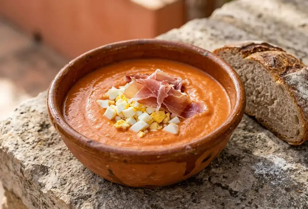 Salmorejo origin history illustrated: a clay bowl of thick orange-red Córdoba salmorejo with its characteristic egg and serrano ham garnish, shot against a stone surface in natural Andalusian morning light