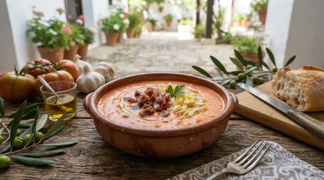 Close-up of a bowl of thick, creamy red salmorejo soup garnished with diced jamón ibérico and hard-boiled egg, surrounded by fresh tomatoes, garlic, olive branches, and pan de telera bread on a rustic Córdoba table