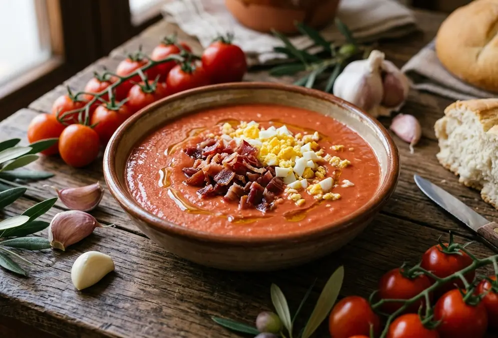Close-up of a bowl of thick, creamy red salmorejo soup garnished with diced jamón ibérico and hard-boiled egg, surrounded by fresh tomatoes, garlic, olive branches, and pan de telera bread on a rustic Córdoba table