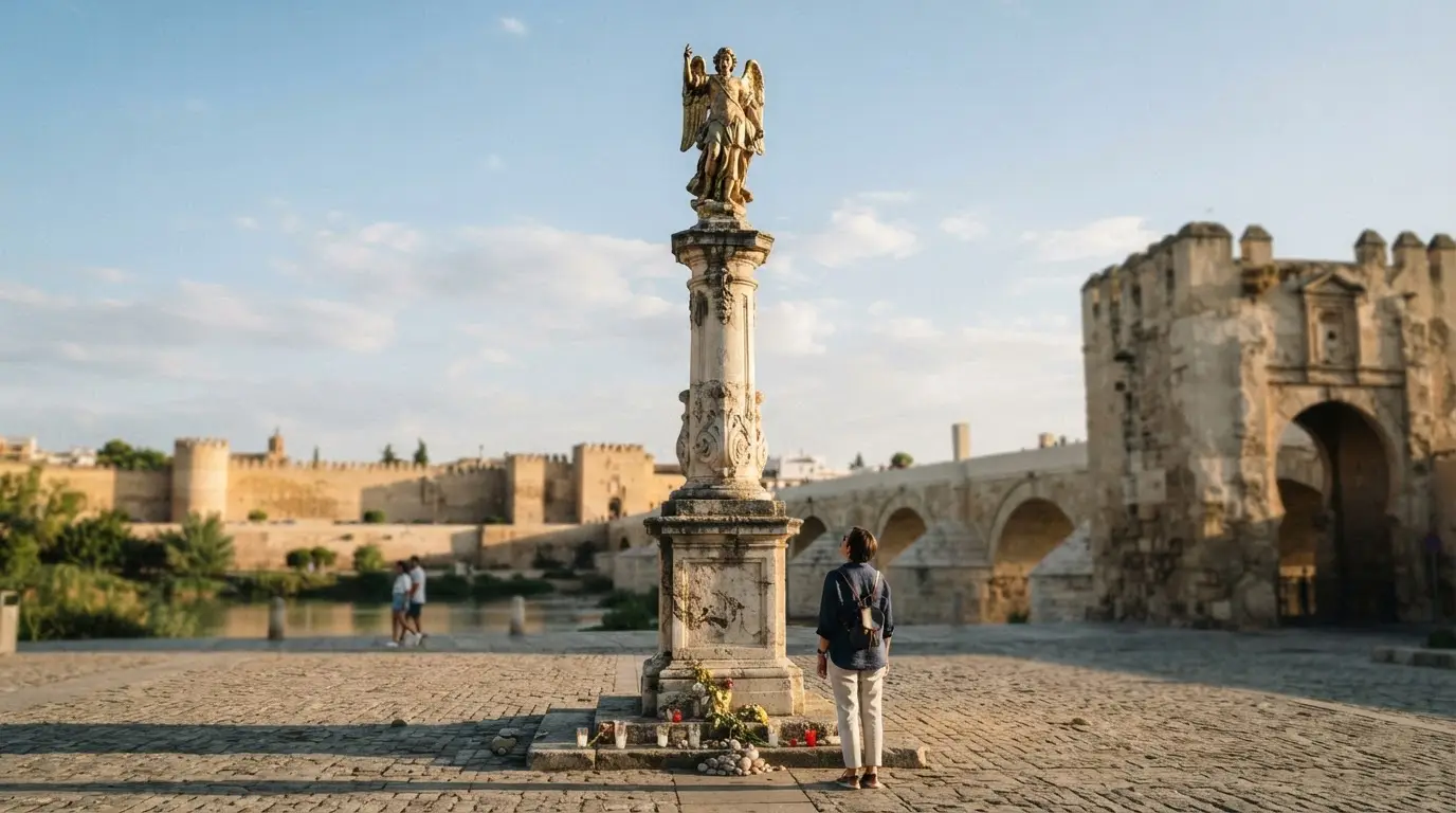 San Rafael Cordoba custodio archangel: the Triunfo de San Rafael column at golden hour beside the Roman Bridge, the archangel statue crowning a tall Baroque shaft