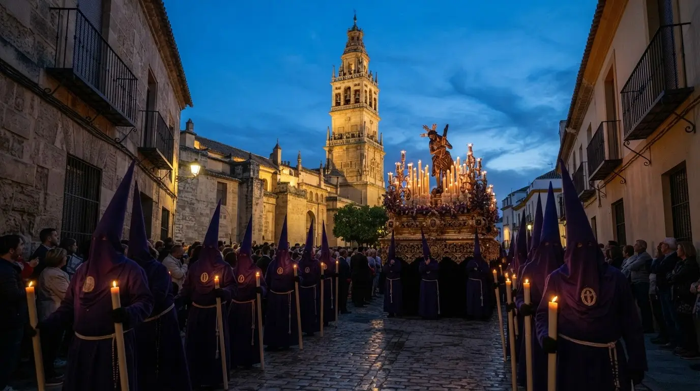 A nazareno procession lit by candlelight moves through a Córdoba street on a cool, clear late-March evening; semana santa 2027 dates place Easter Sunday unusually early, with the Mezquita-Catedral's bell tower in silhouette against a darkening indigo sky