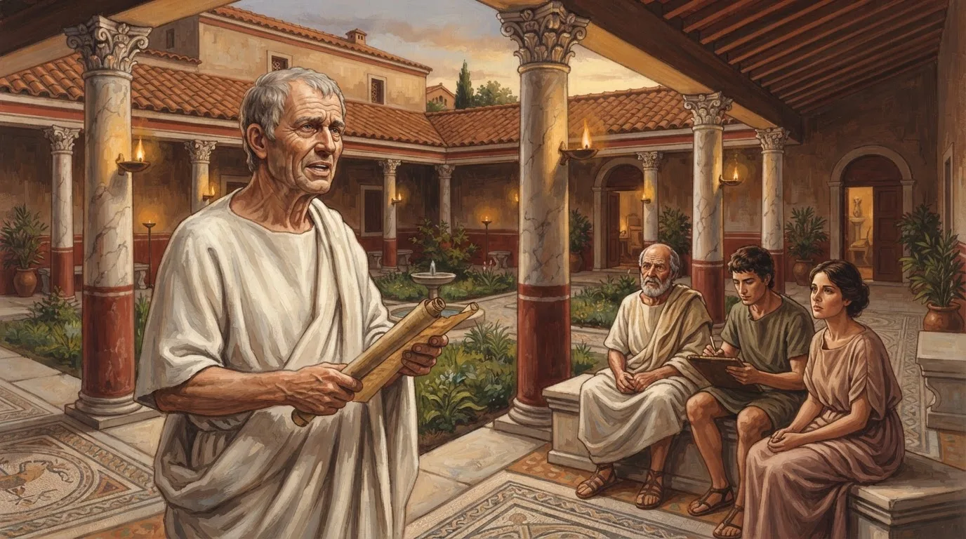 Illustration of Seneca the Elder as an elderly Roman rhetorician in a white toga holding a papyrus scroll and addressing seated listeners in a columned courtyard of Roman Corduba, in warm lamplight