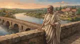 Illustration of Seneca the Younger as a weathered elderly man in a toga with a purple stripe, holding a papyrus scroll on a Roman stone bridge over a river, with olive groves and a columned villa behind him at sunset