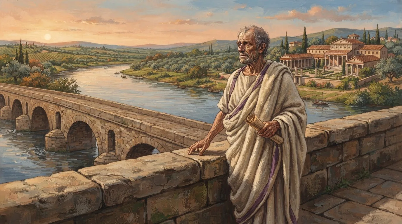Illustration of Seneca the Younger as a weathered elderly man in a toga with a purple stripe, holding a papyrus scroll on a Roman stone bridge over a river, with olive groves and a columned villa behind him at sunset