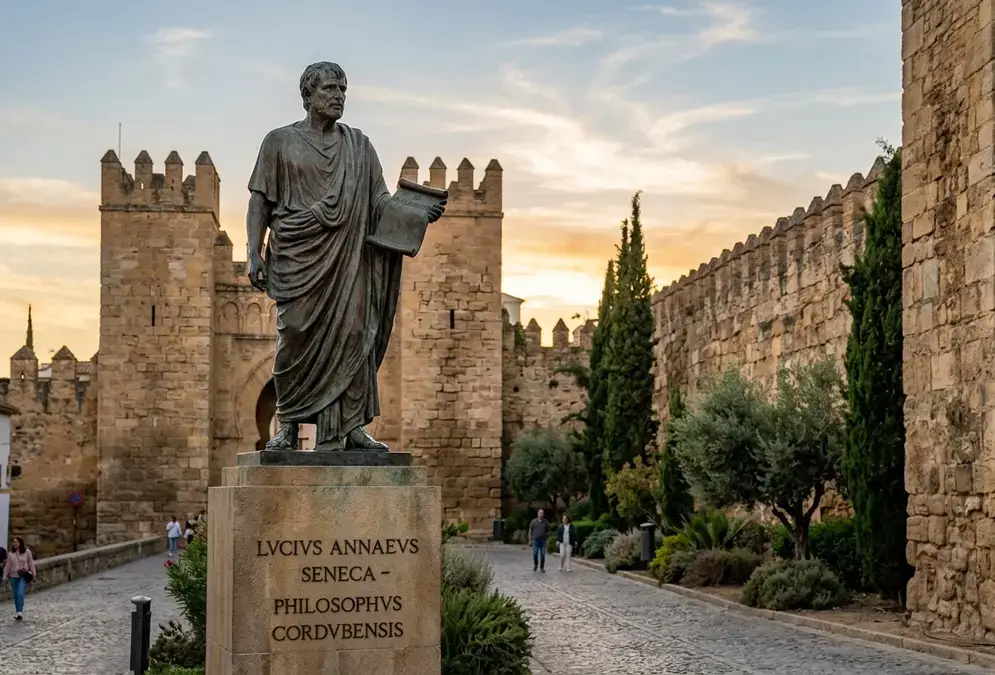 Bronze statue of Seneca the philosopher in Córdoba, standing in toga holding a scroll on a tall pedestal beside the Puerta de Almodóvar medieval gate, photorealistic, warm afternoon light on Roman stone walls