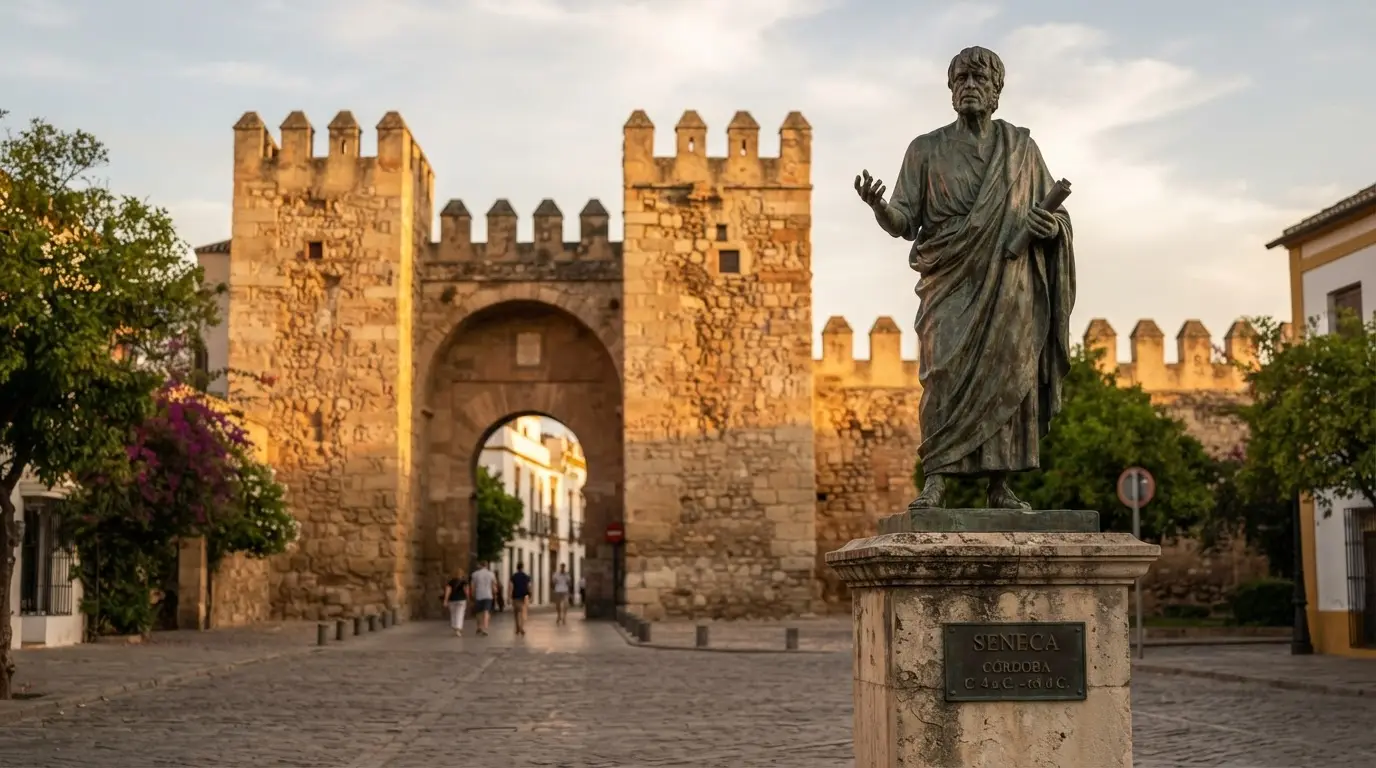 Bronze statue of Seneca the philosopher in Córdoba, standing in toga holding a scroll on a tall pedestal beside the Puerta de Almodóvar medieval gate, photorealistic, warm afternoon light on Roman stone walls