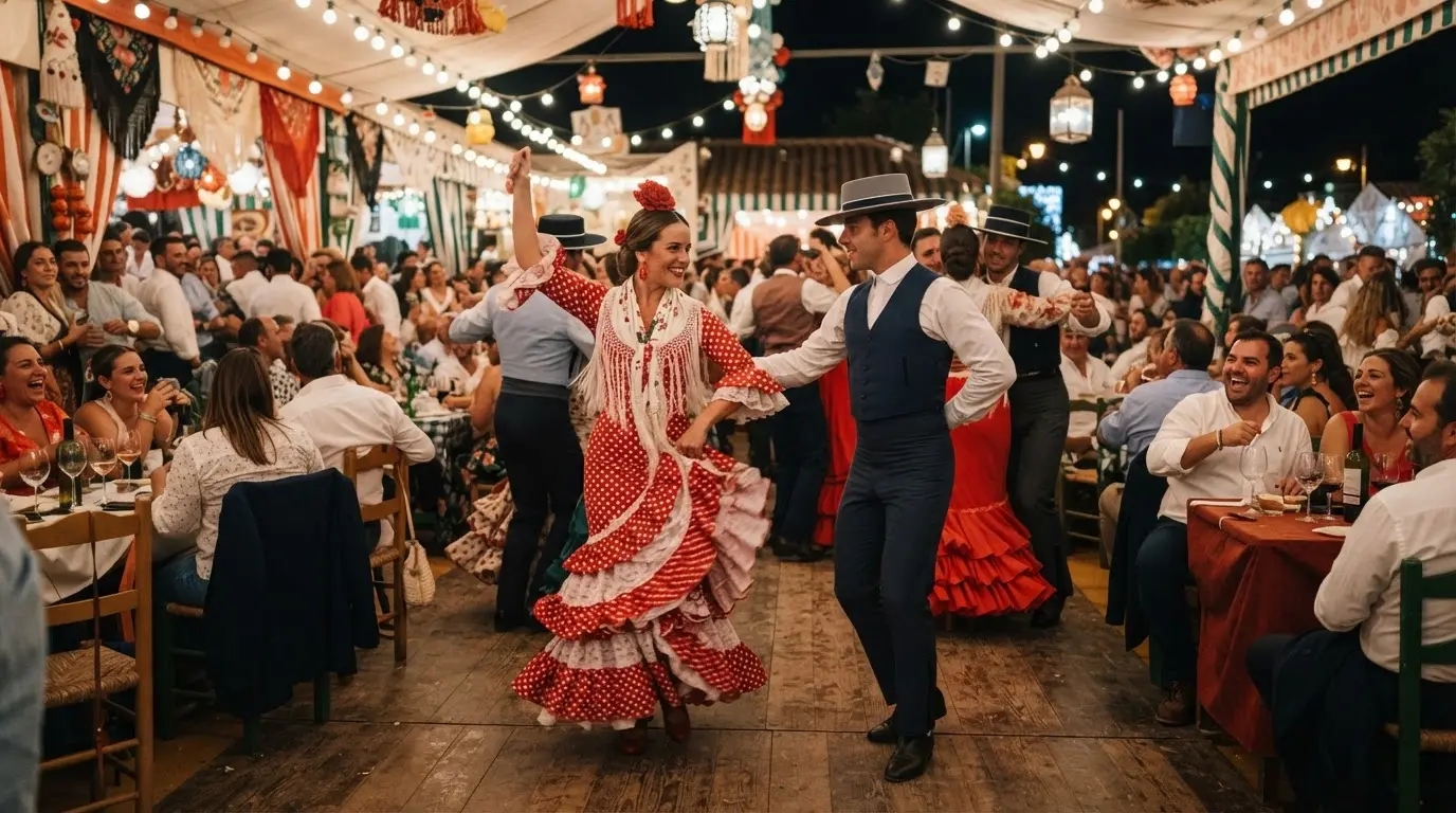 How to dance sevillanas at the Córdoba Feria: couples in traditional traje de flamenca inside a lit caseta at El Arenal at night, the four-copla sevillana in progress, string lights overhead