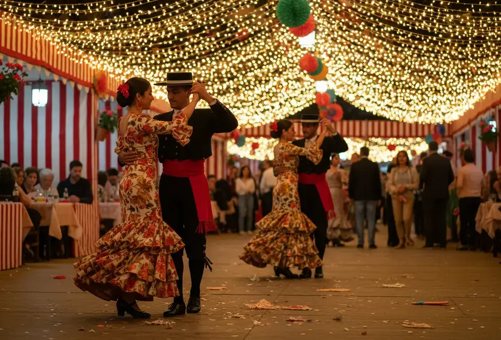 How to dance sevillanas at the Córdoba Feria: couples in traditional traje de flamenca inside a lit caseta at El Arenal at night, the four-copla sevillana in progress, string lights overhead