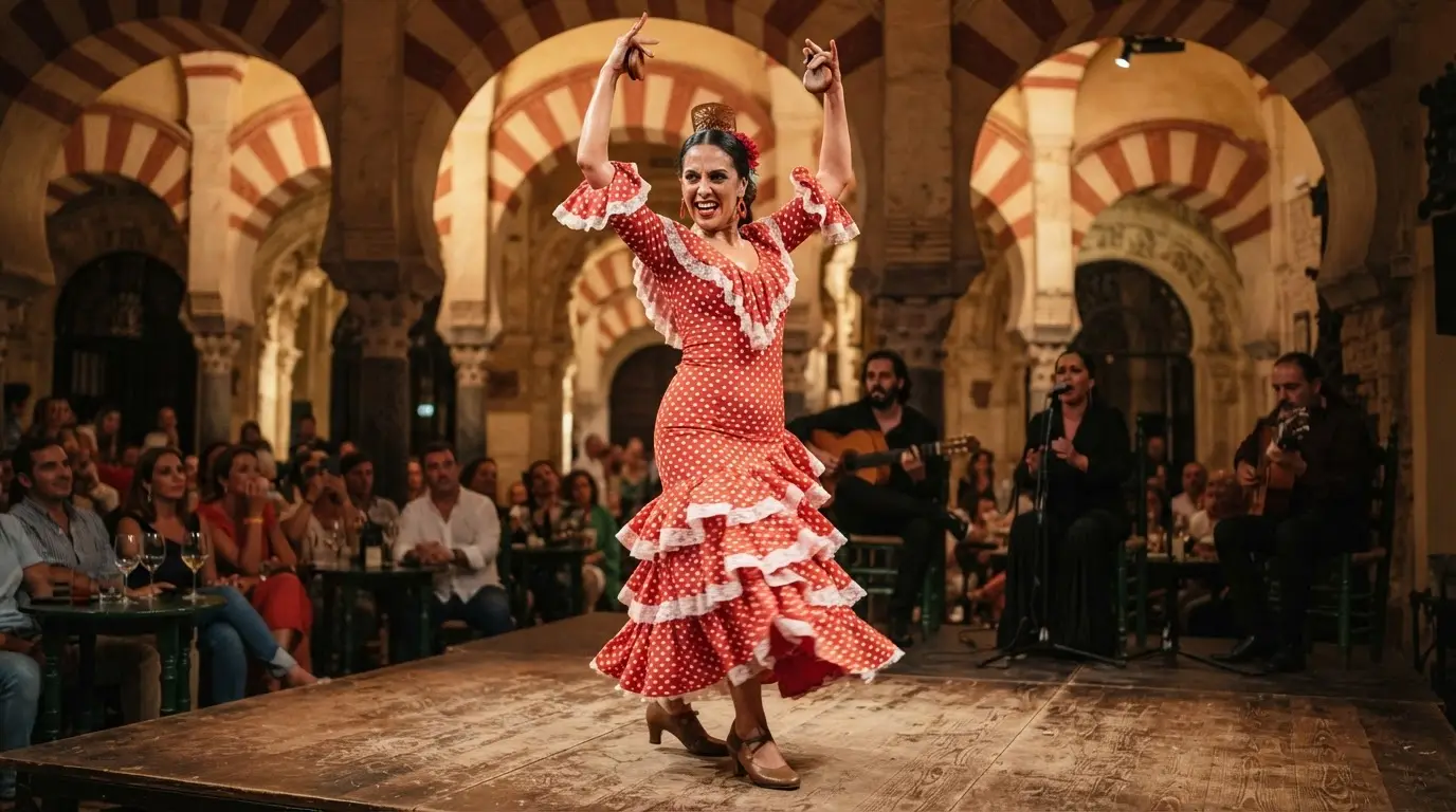 Sevillanas vs flamenco: dancer in traje de flamenca performing in a Córdoba tablao, red-and-white striped arches in the background, castanets raised