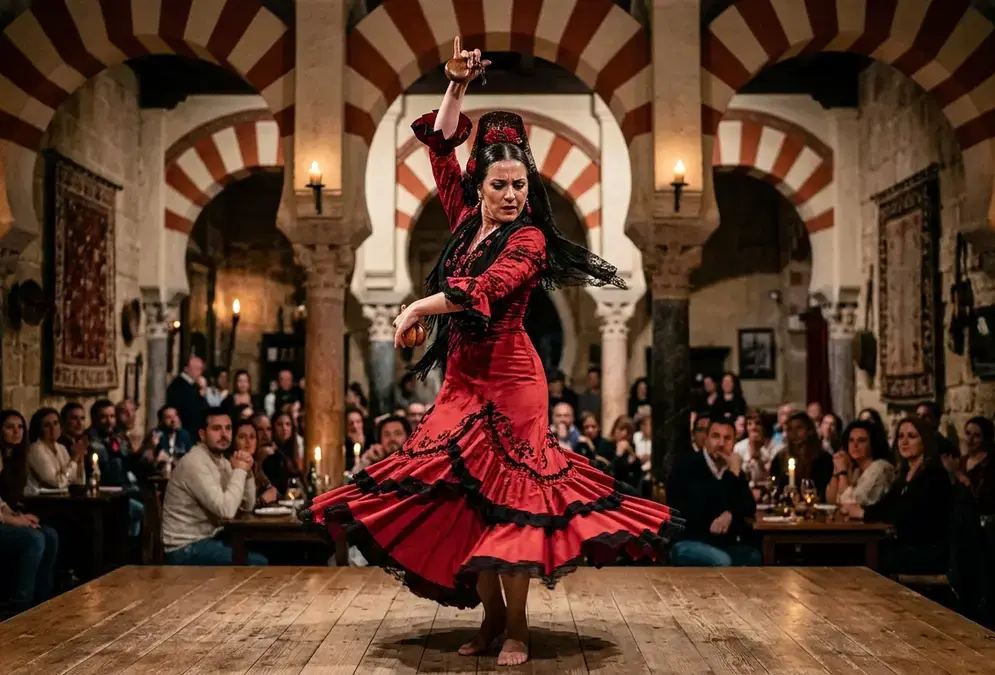 Sevillanas vs flamenco: dancer in traje de flamenca performing in a Córdoba tablao, red-and-white striped arches in the background, castanets raised