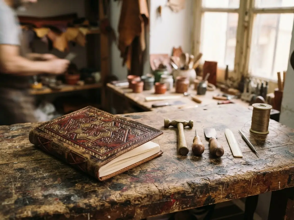 An embossed guadamecí leather notebook