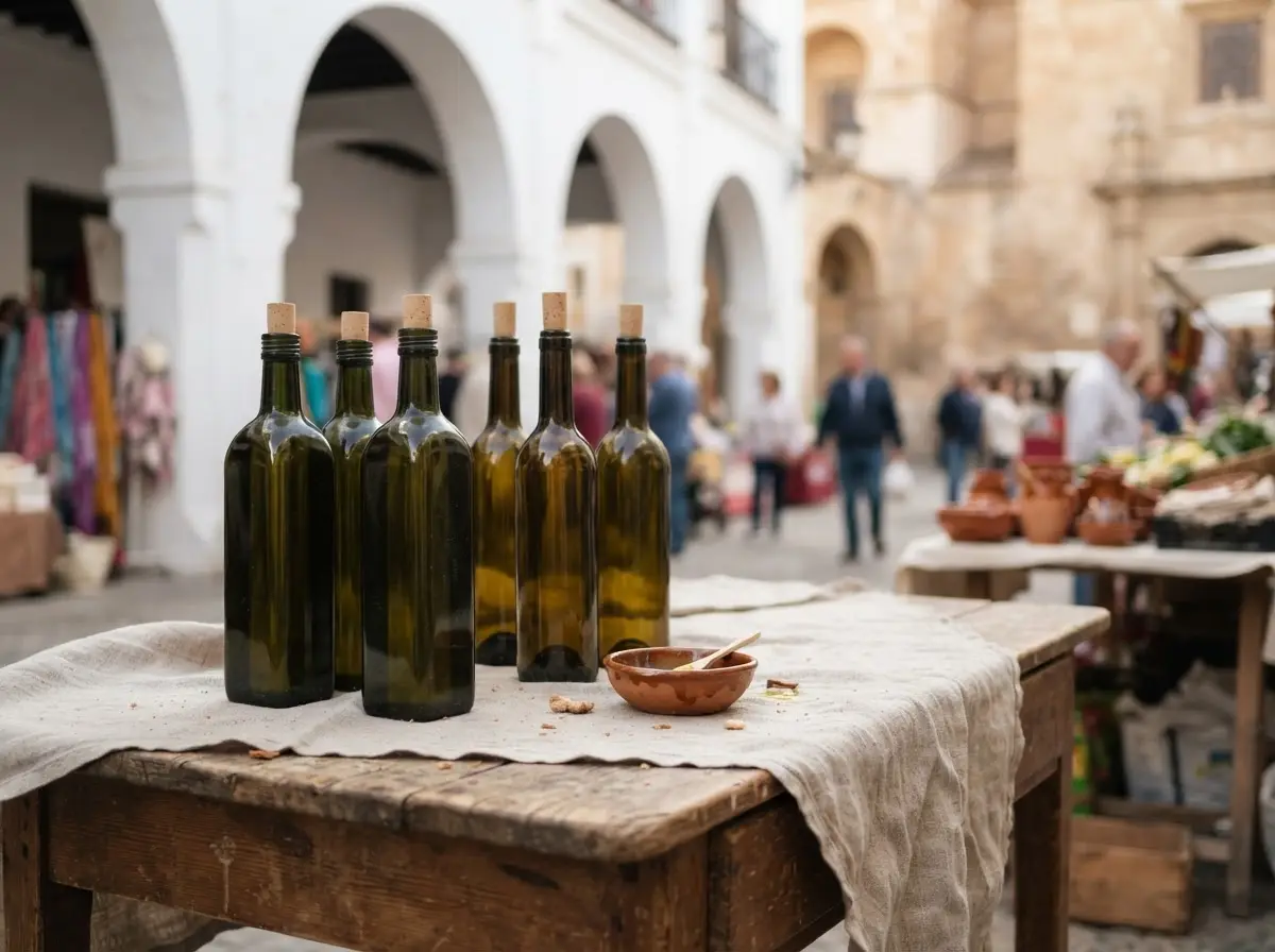 Olive oil and wine bottles on a market table