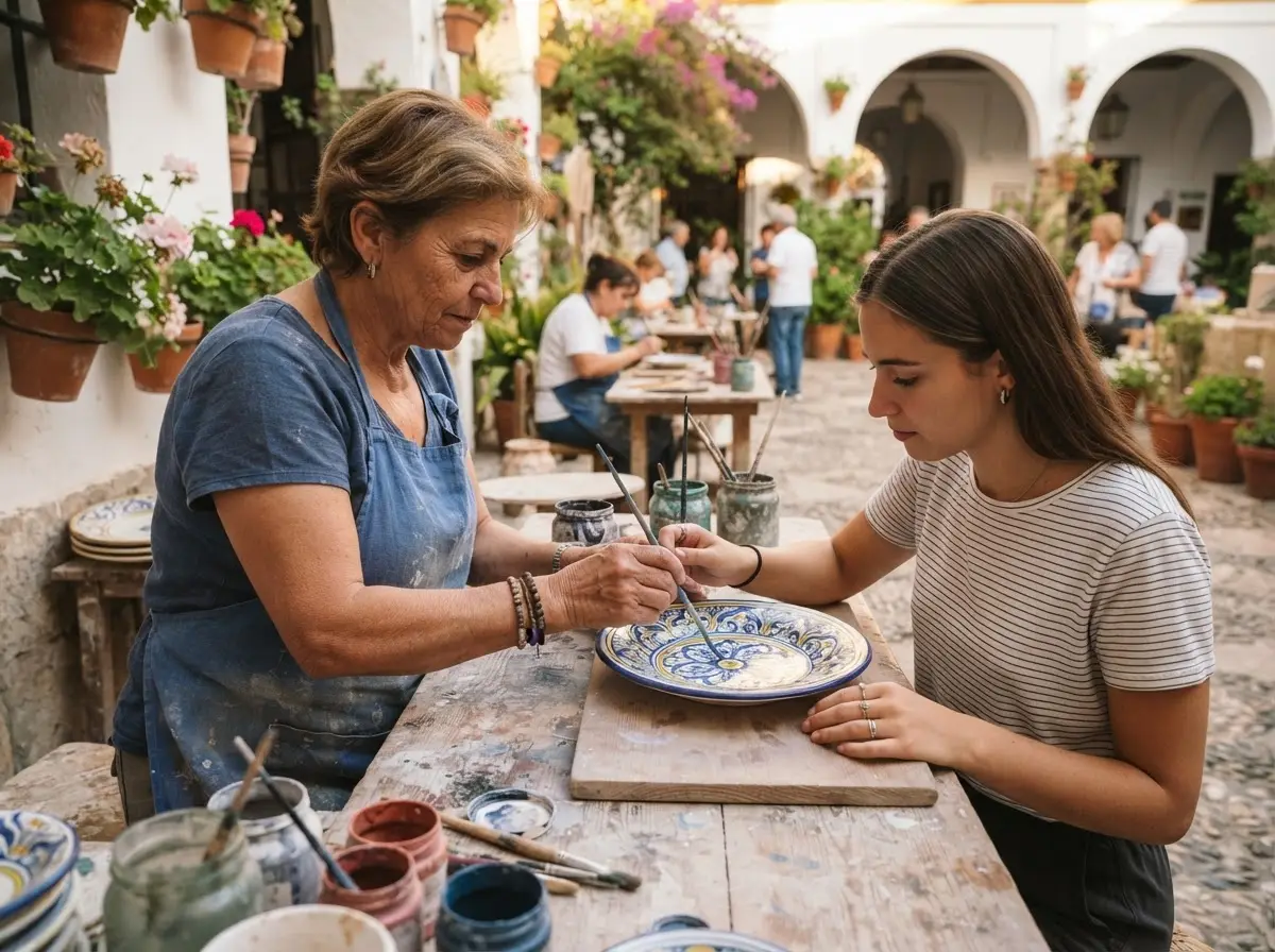 A visitor painting a ceramic plate with an artisan