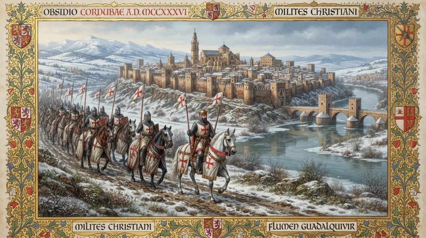 Medieval illuminated manuscript scene of armored knights on horseback approaching the walled city of Córdoba, winter light, Reconquista 1236 siege of Córdoba, Guadalquivir river visible below the city walls