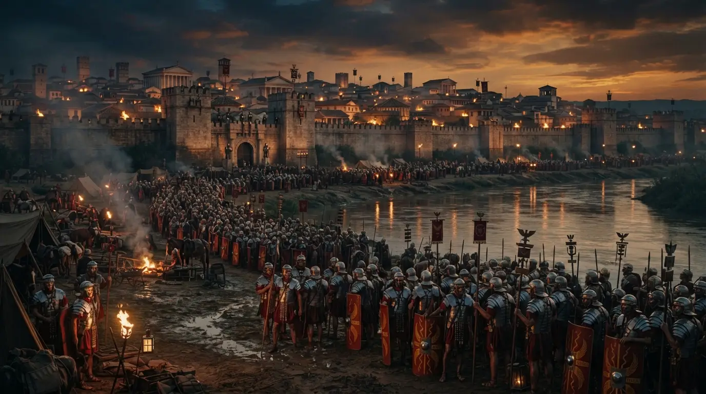 Roman legionaries at dusk before the walled city of Corduba during the siege of Corduba, Guadalquivir river reflecting torchlight, smoke rising from the riverbank, 45 BC