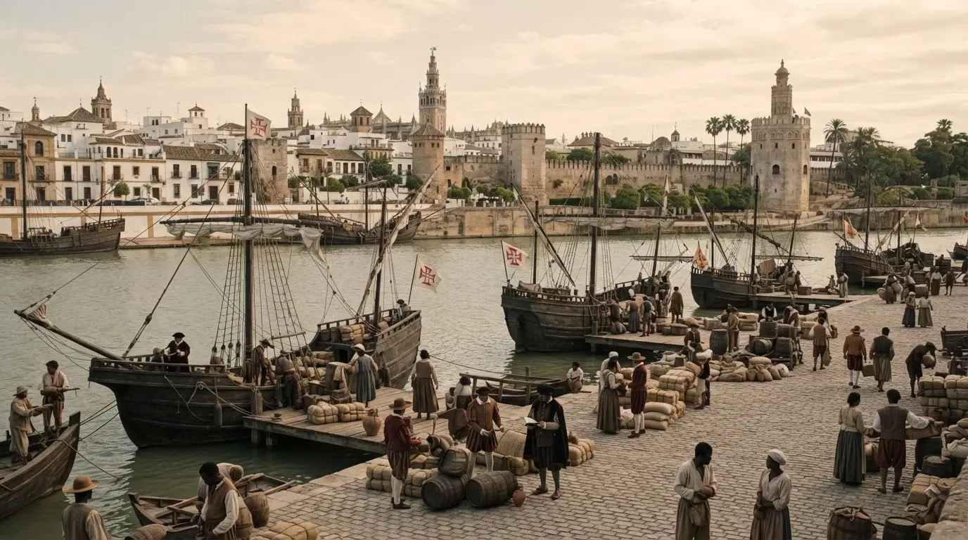 Somber, documentary-style historical illustration representing the 16th-century slave market in Córdoba, Spain: a shadowed stone archway near a notary's desk with parchment contracts and a quill pen, warm lamplight, no visible figures, respectful and non-sensational tone