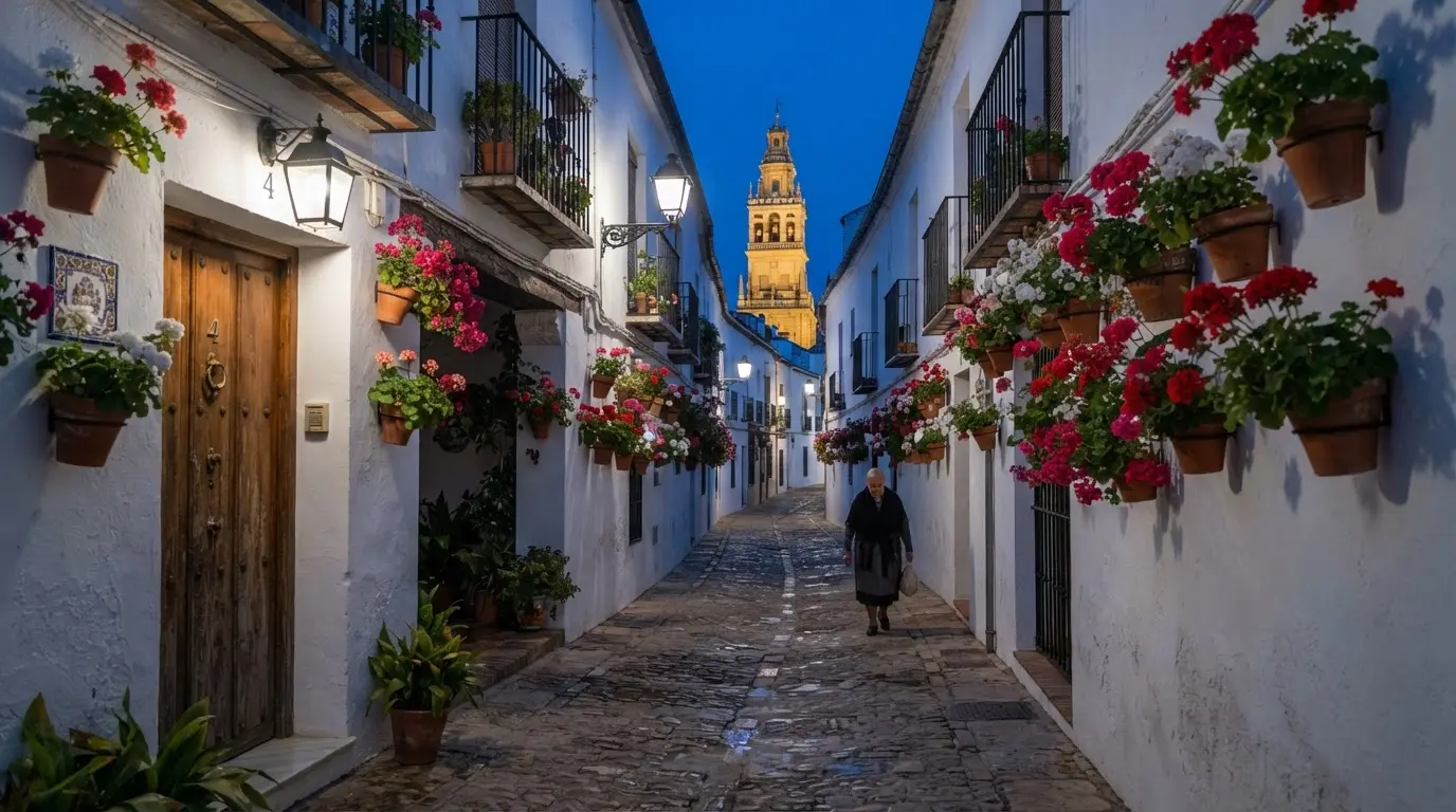 Quiet cobblestone lane in Córdoba Spain at dawn before slow travel day begins, whitewashed walls with hanging geraniums