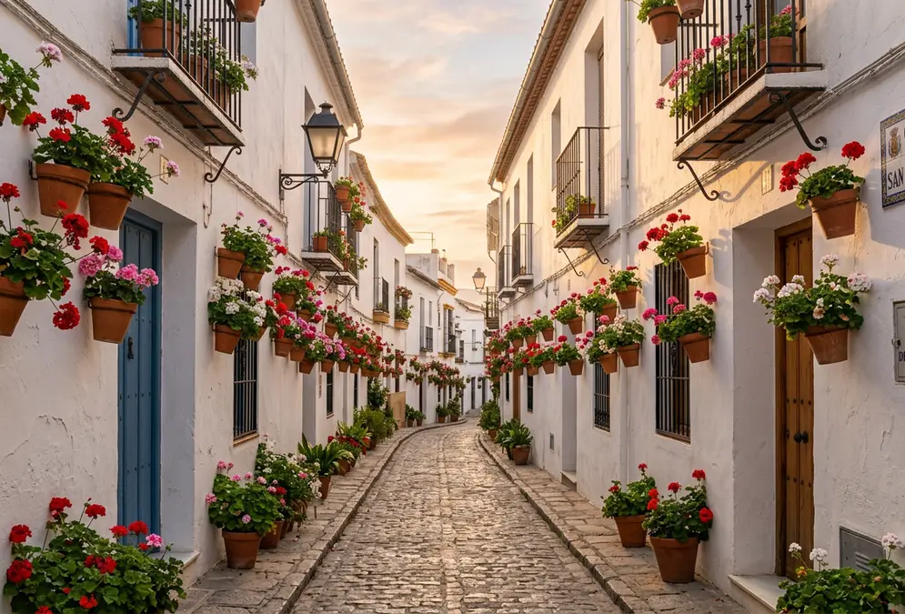 Quiet cobblestone lane in Córdoba Spain at dawn before slow travel day begins, whitewashed walls with hanging geraniums
